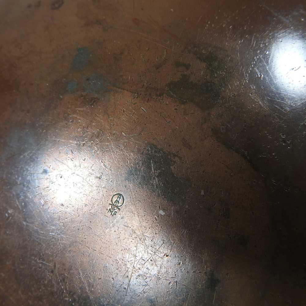 An early 20th century WMF Ikora enamelled bronze dish, impressed marks to base, 25cm diameter - Image 5 of 5
