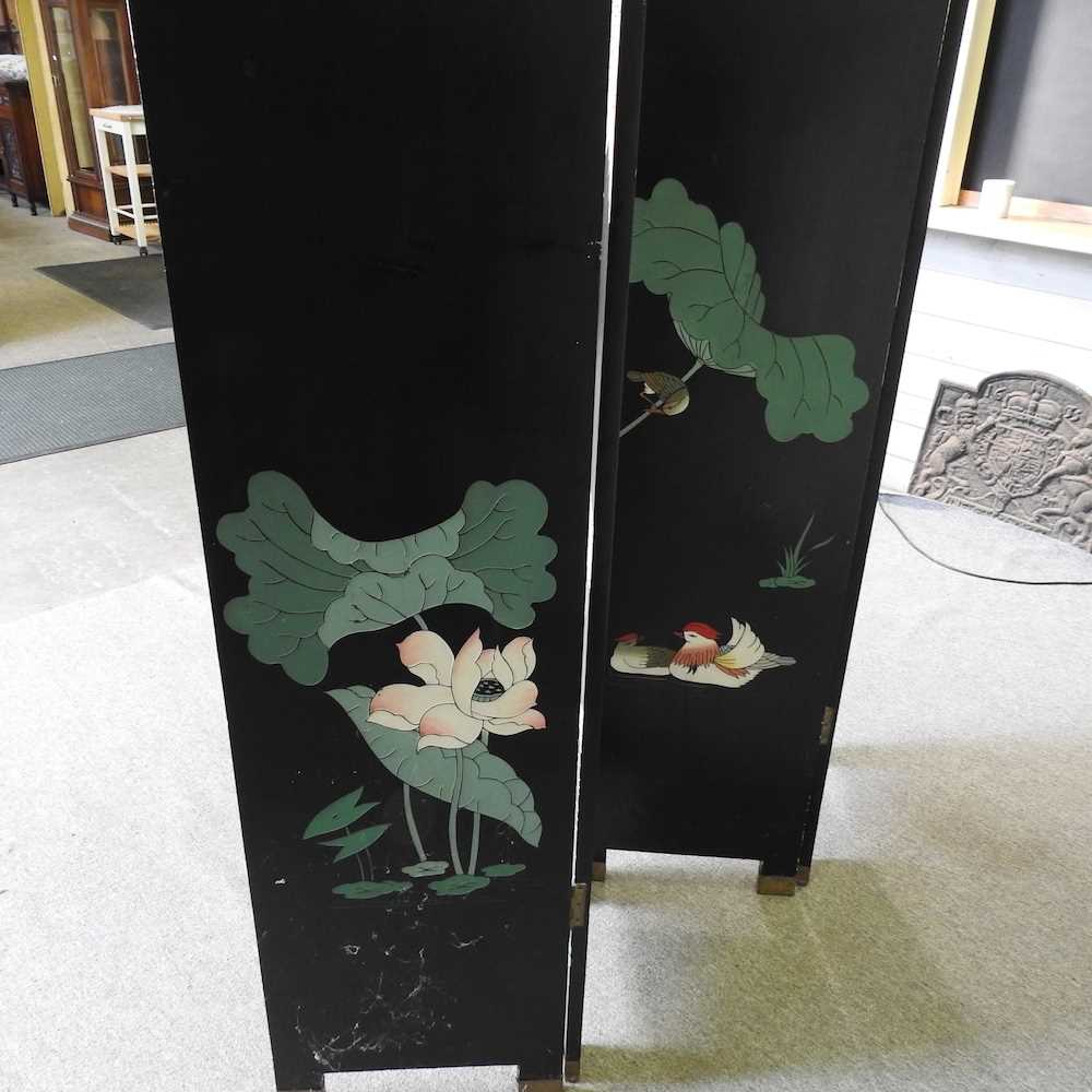 A Japanese black lacquered four-fold dressing screen, decorated with birds 160w x 183h cm - Image 4 of 4