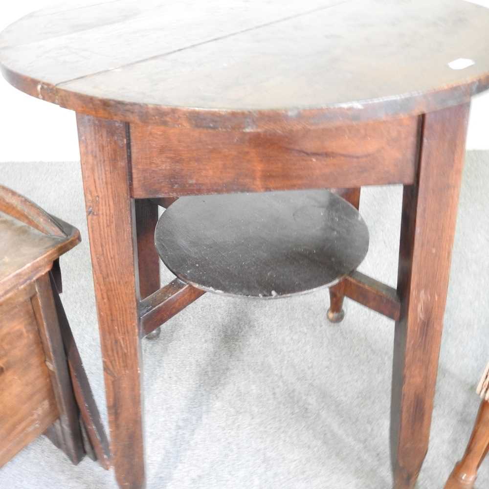 An early 20th century Arts and Crafts oak occasional table, 60cm wide, together with a stool and - Image 4 of 7