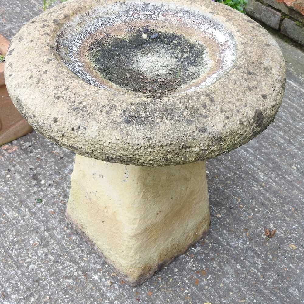A cast stone bird bath, together with a terracotta trough and a garden pot (3) 50w x 54h cm - Image 3 of 4
