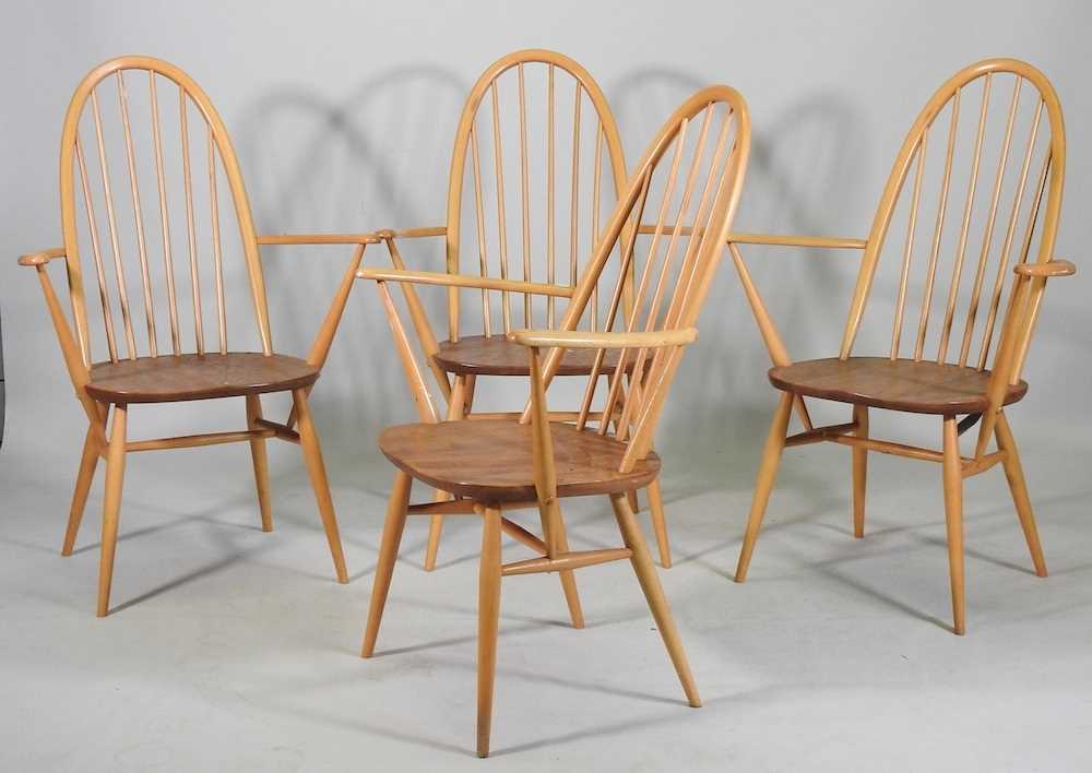 A set of four 1970's Ercol light elm hoop back Windsor armchairs (4) - Image 3 of 4