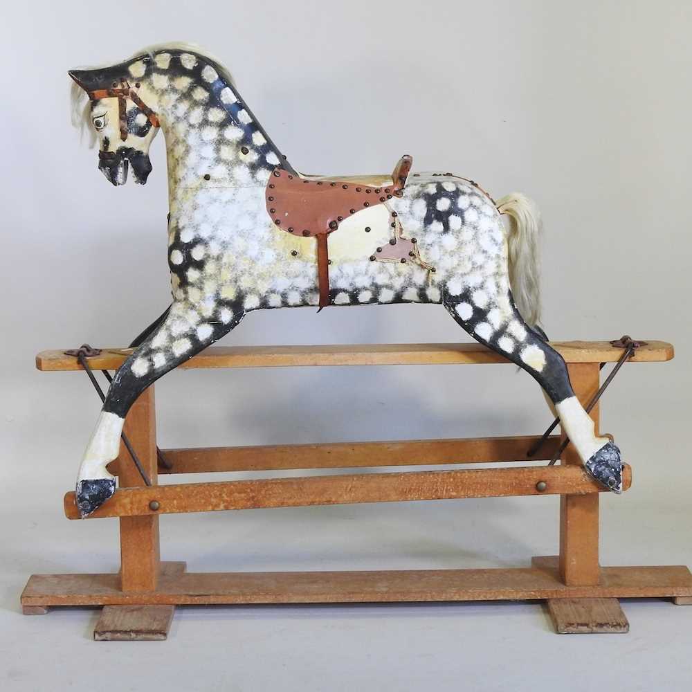 An early to mid 20th century painted wooden dappled grey rocking horse, on a wooden trestle base - Image 7 of 7