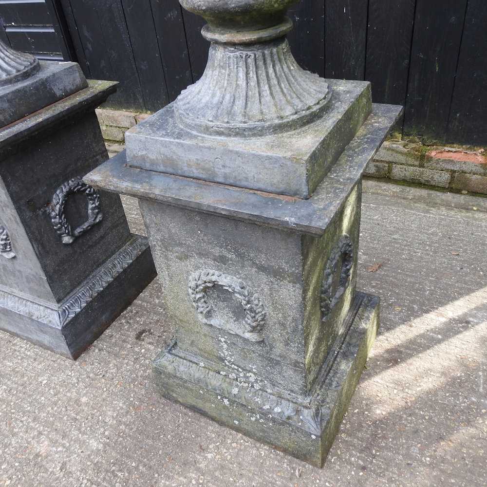 A pair of impressive black painted cast iron garden urns, each of classical design, with an acanthus - Image 2 of 9