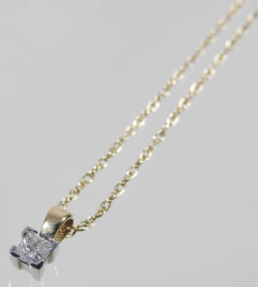 A 9 carat gold princess cut diamond pendant, on a fine chain, 1g, 42cm long, boxed - Image 2 of 6