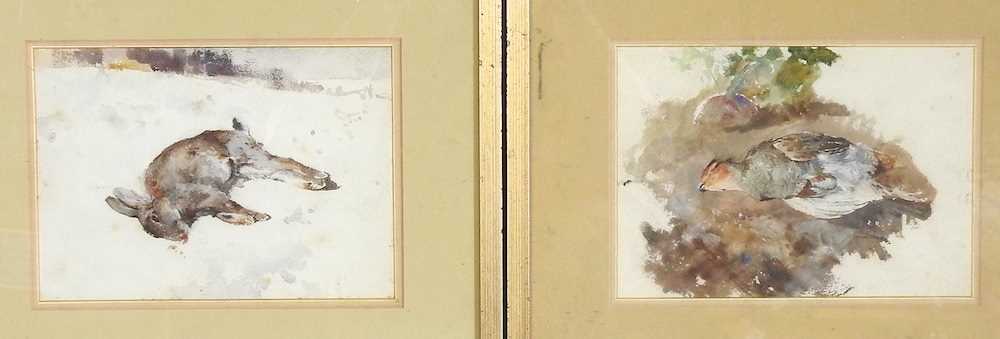 Attributed to Whiteley, 19th century, dead game, a hare and a partridge, pair of watercolours, 24 - Image 2 of 7