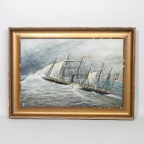 English school, 19th century, schooner in heavy weather, signed with initials R P, oil on canvas, 40