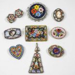 A collection of micro mosaic jewellery, to include brooches and a pendant 55mm high (10)