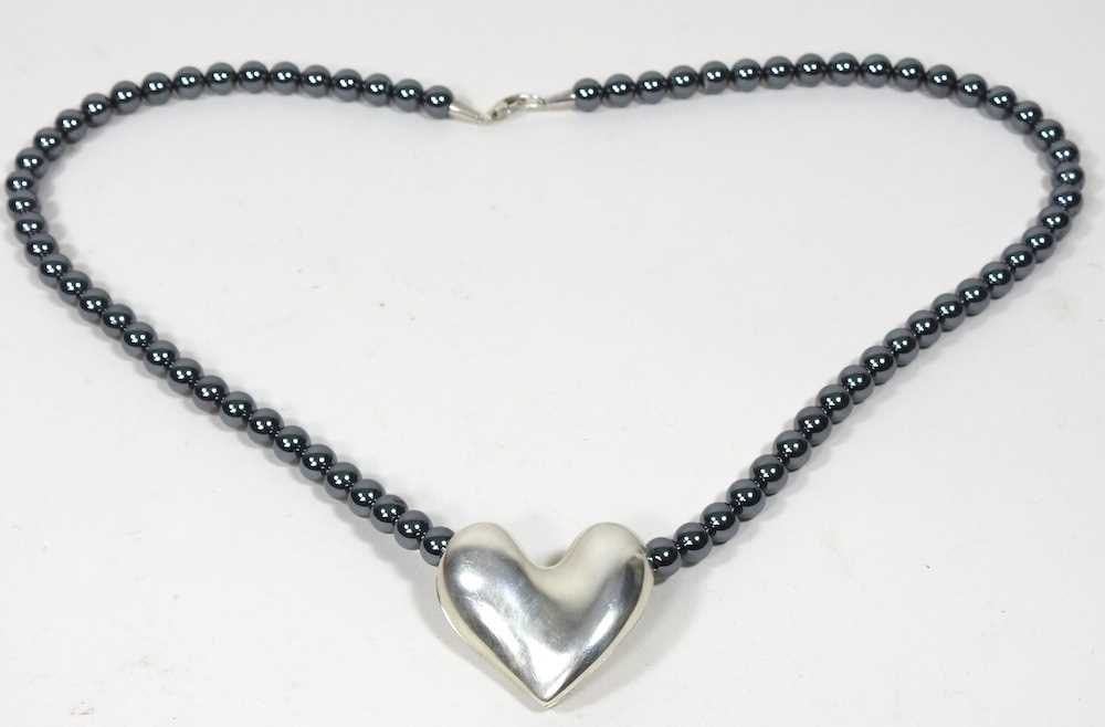 A Georg Jensen silver and hematite bead necklace, suspended with a silver heart shaped pendant, 38mm - Image 4 of 5