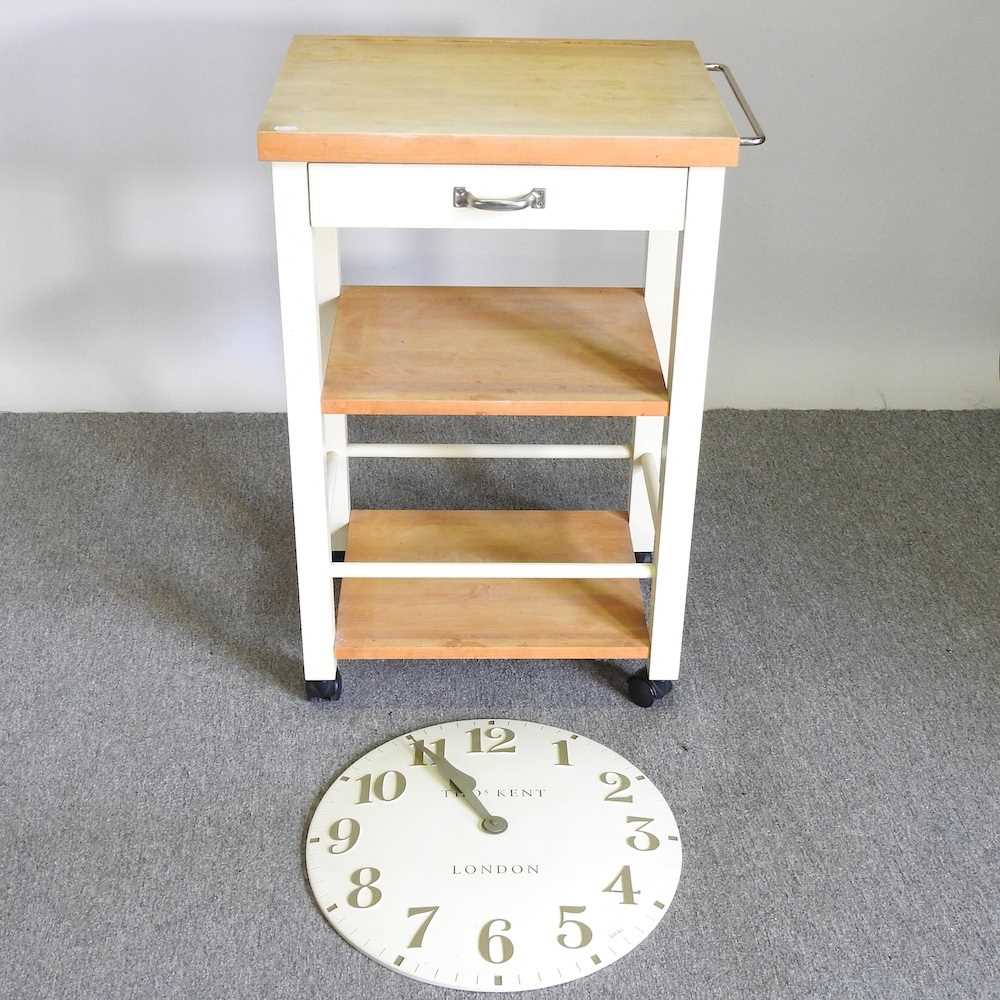 A cream painted butcher's block, together with a cream painted wall clock (2) 59w x 43d x 85h cm