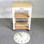 A cream painted butcher's block, together with a cream painted wall clock (2) 59w x 43d x 85h cm