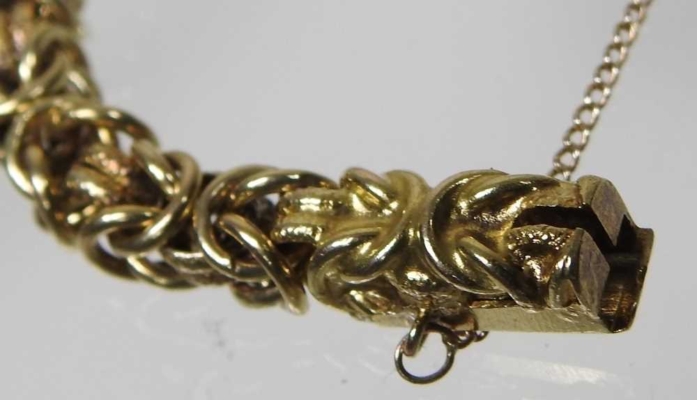 A 14 carat gold fancy link bracelet, the clasp with safety chain, stamped 585, 9g, 20cm long - Image 2 of 3