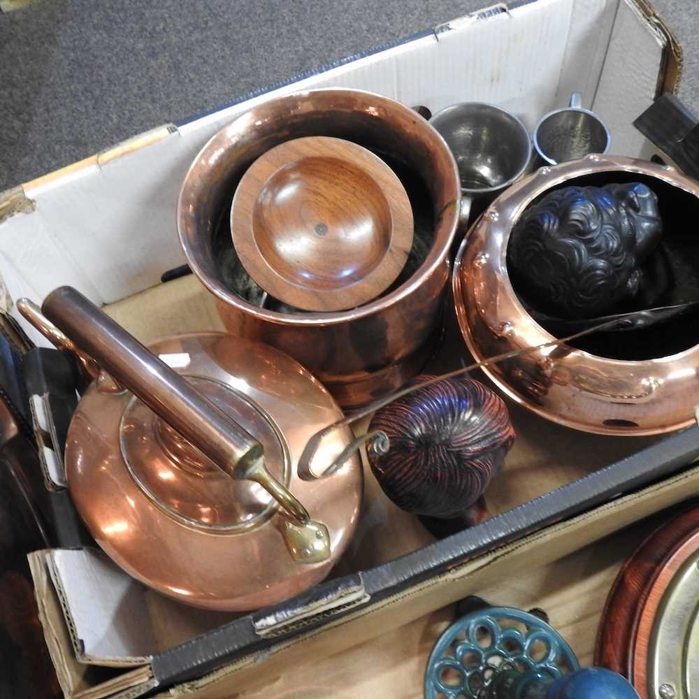 A collection of copper, to include a ship's porthole clock, 29cm diameter, a chestnut roaster and - Image 4 of 4