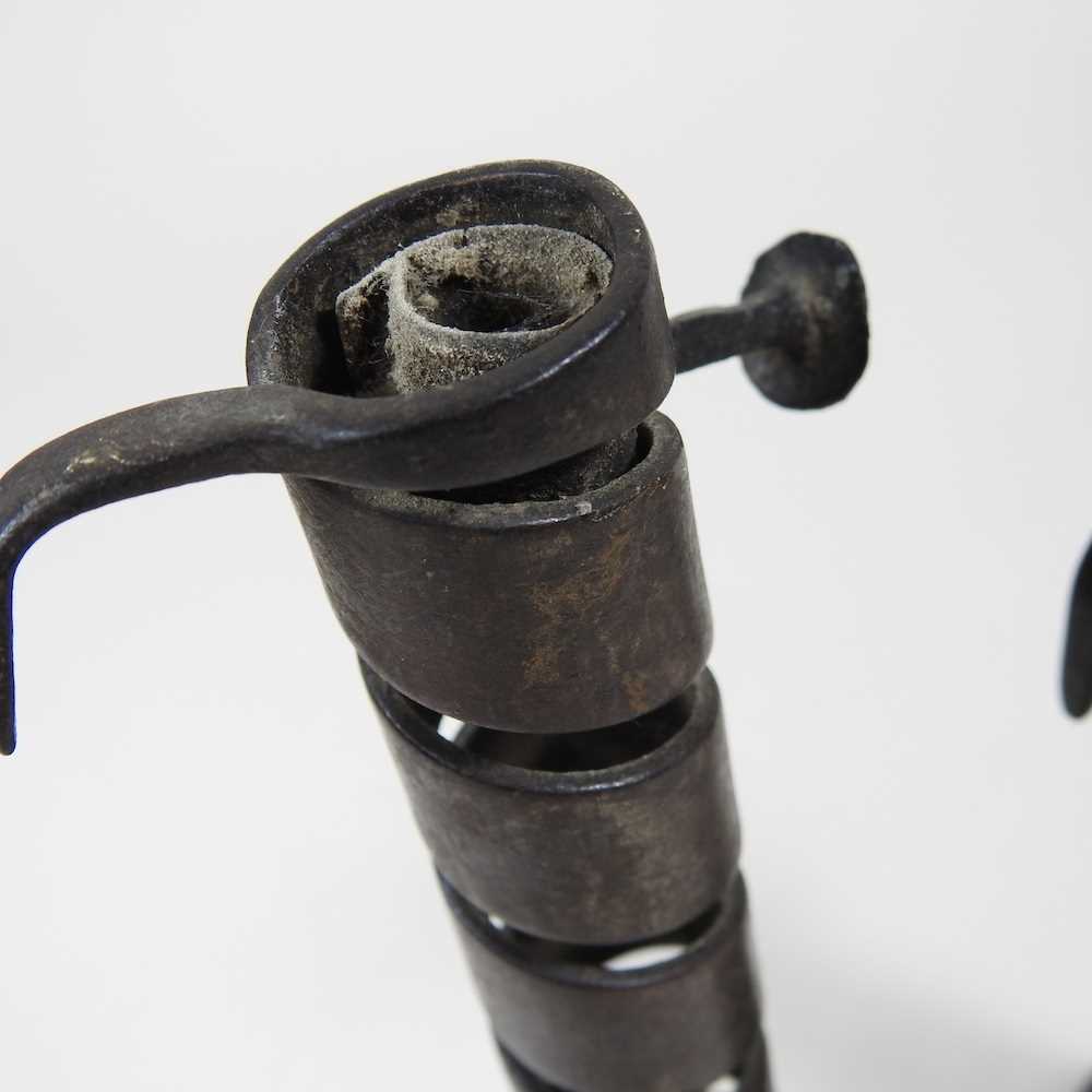 An 18th century French iron Rat de Caves spirally turned candlestick, on a wooden base, 21cm high, - Image 7 of 7