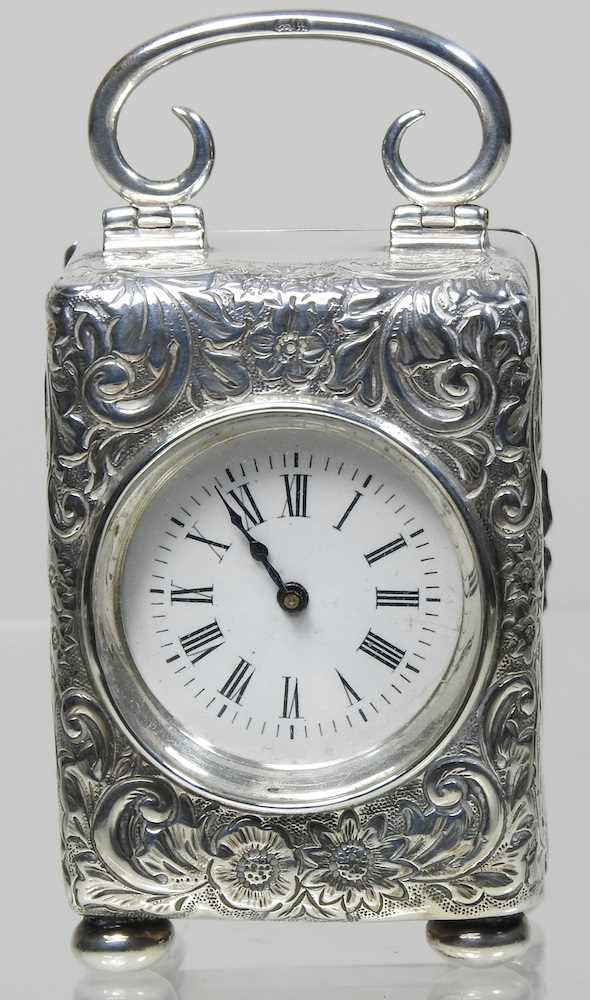 A Victorian silver cased boudoir clock, having a white enamel dial and French movement, Birmingham - Image 3 of 11