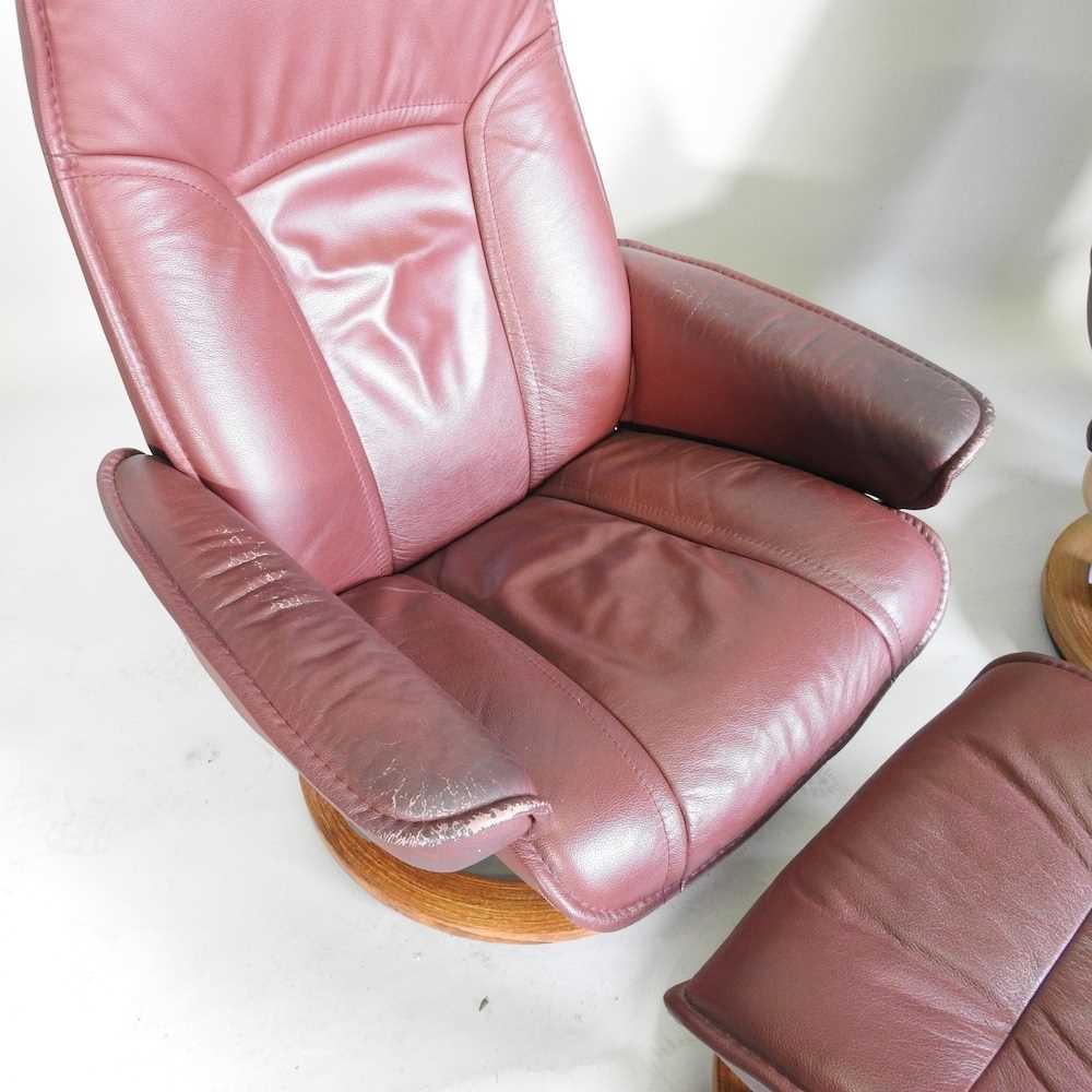 A Scandinavian style bentwood and upholstered reclining armchairs, each with a matching footstool ( - Image 3 of 4