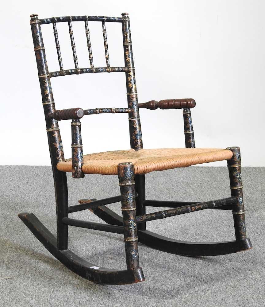 A 19th century child's faux bamboo rocking chair, with a rush seat - Image 3 of 5