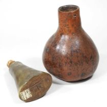 An antique bottle gourd, 17cm high, together with a 19th century horn flask, inscribed with initials