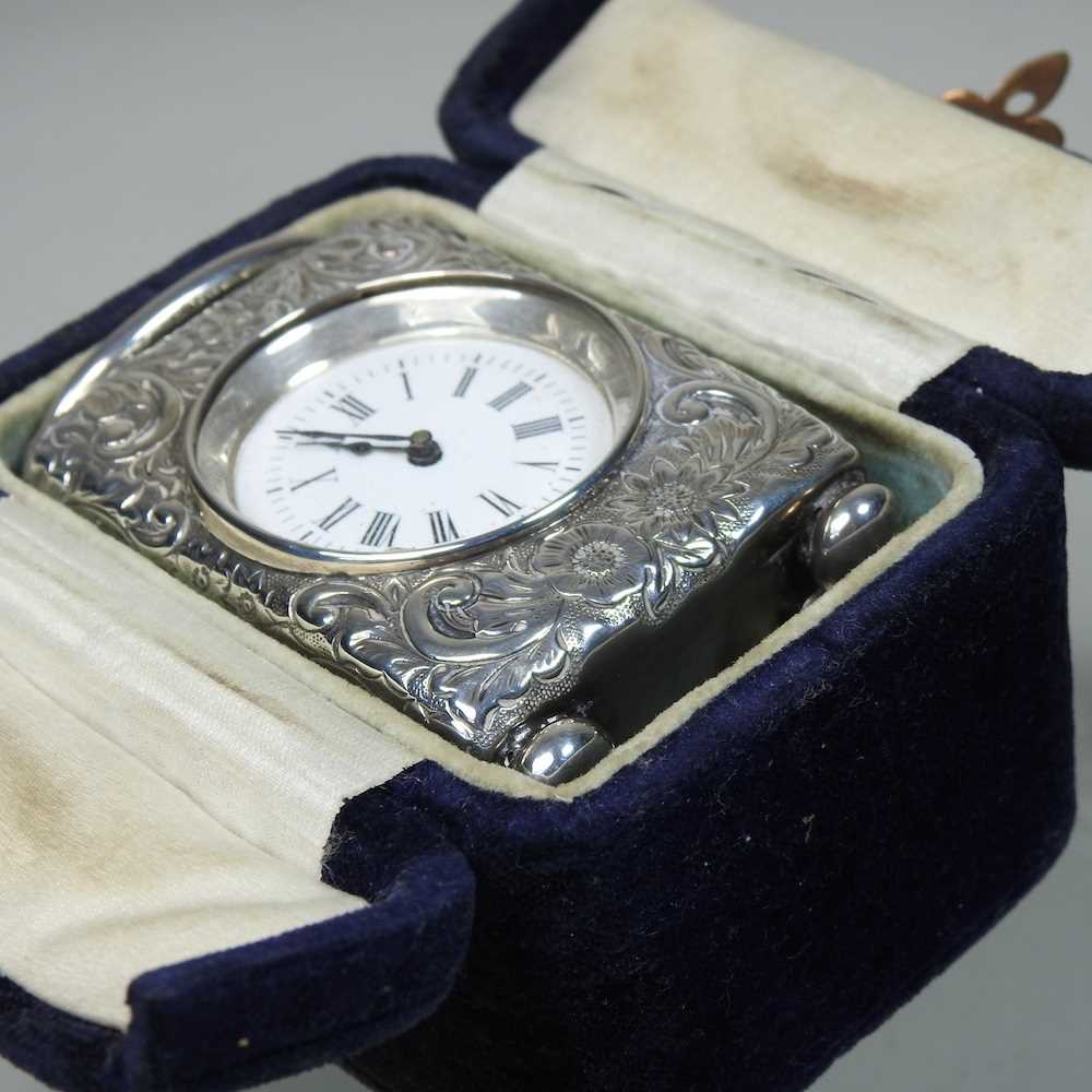 A Victorian silver cased boudoir clock, having a white enamel dial and French movement, Birmingham - Image 2 of 11