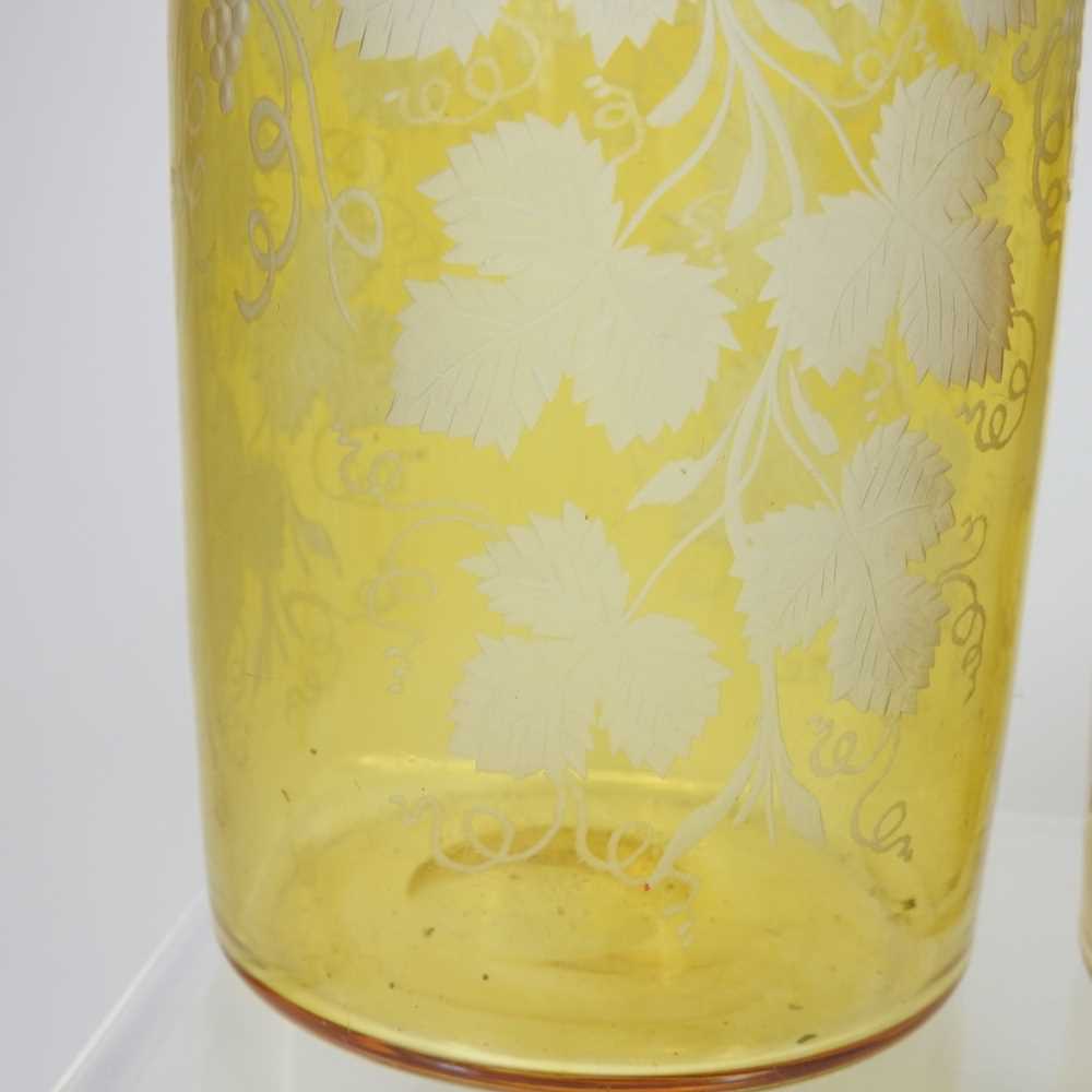 A pair of 19th century yellow overlaid glass wine bottles, each etched with hops, having a silver - Image 6 of 10