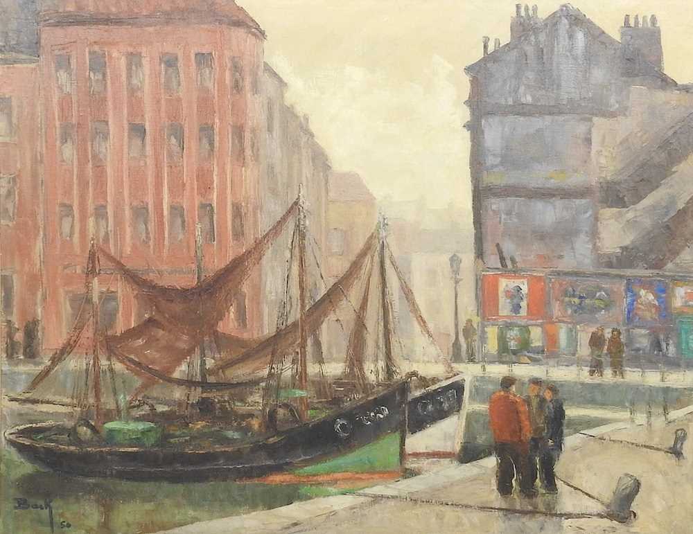 Back, 20th century, continental harbour, signed and dated 50, oil on canvas, 69 x 89cm - Image 3 of 8