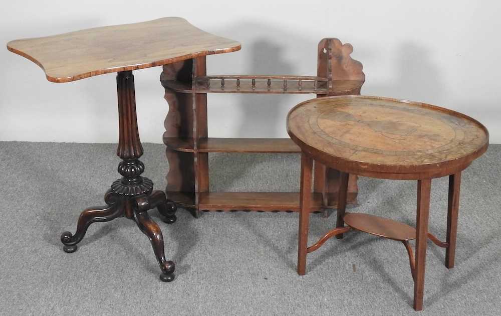 A Victorian tripod table, together with a marquetry occasional table and a three tier wall shelf ( - Image 3 of 9