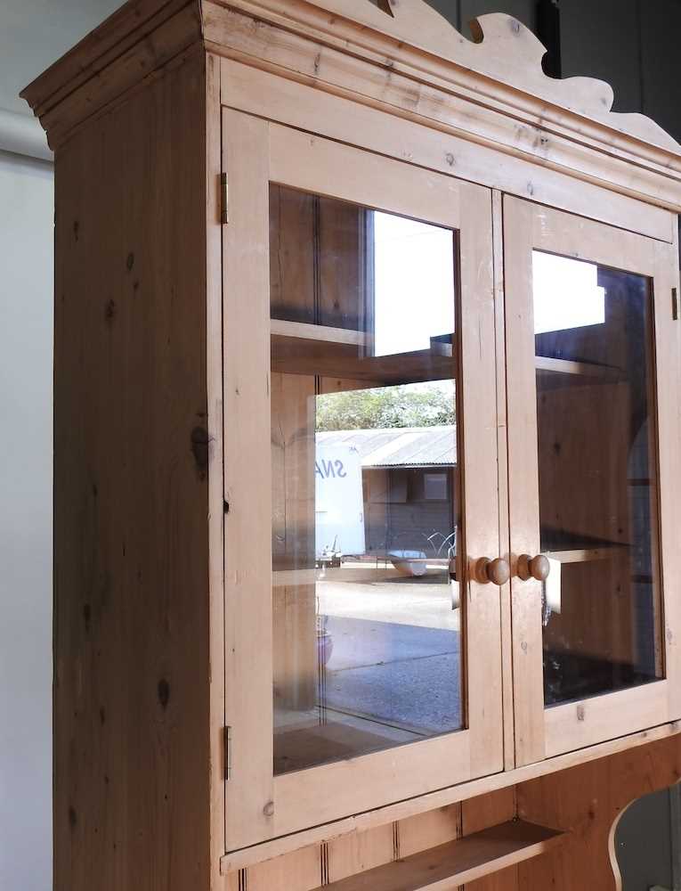 A pine side cabinet, with a glazed upper section, drawers and cupboards below 98w x 44d x 233h cm - Image 3 of 5