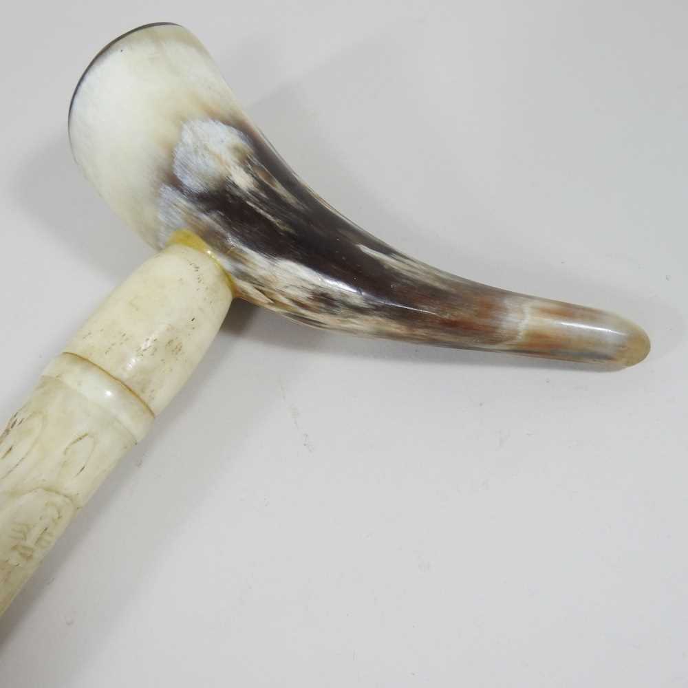 A Chinese carved bone sectional walking stick, with a horn handle, 85cm long - Image 3 of 7