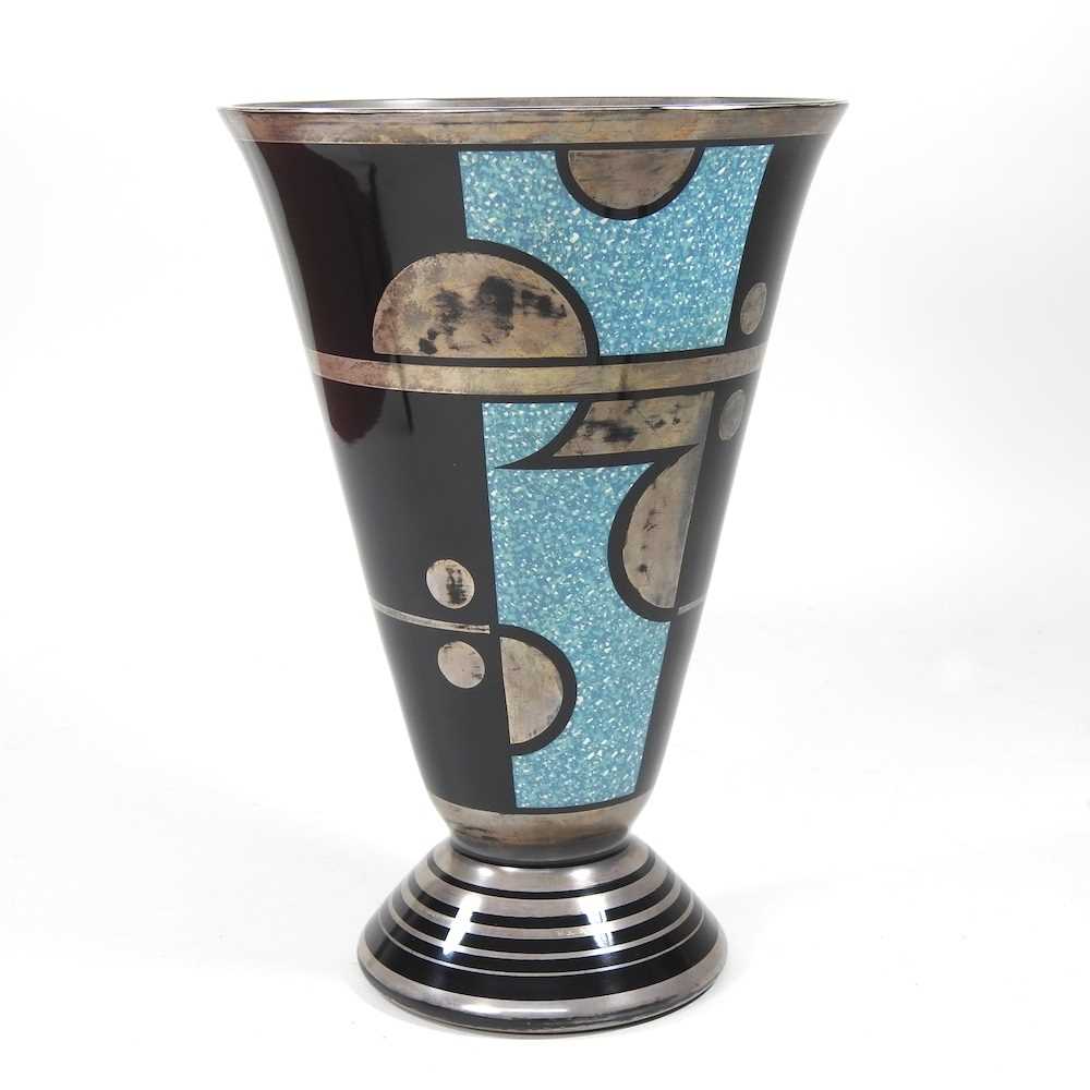 A French Art Deco glass vase, circa 1930, with silvered and enamelled decoration, attributed to Hem,