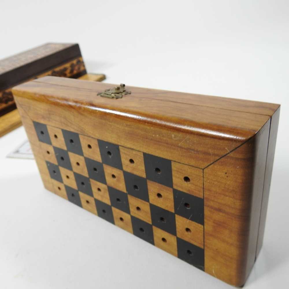 A 19th century Tunbridgeware games box, 26cm wide, together with an early 20th century walnut and - Image 5 of 7