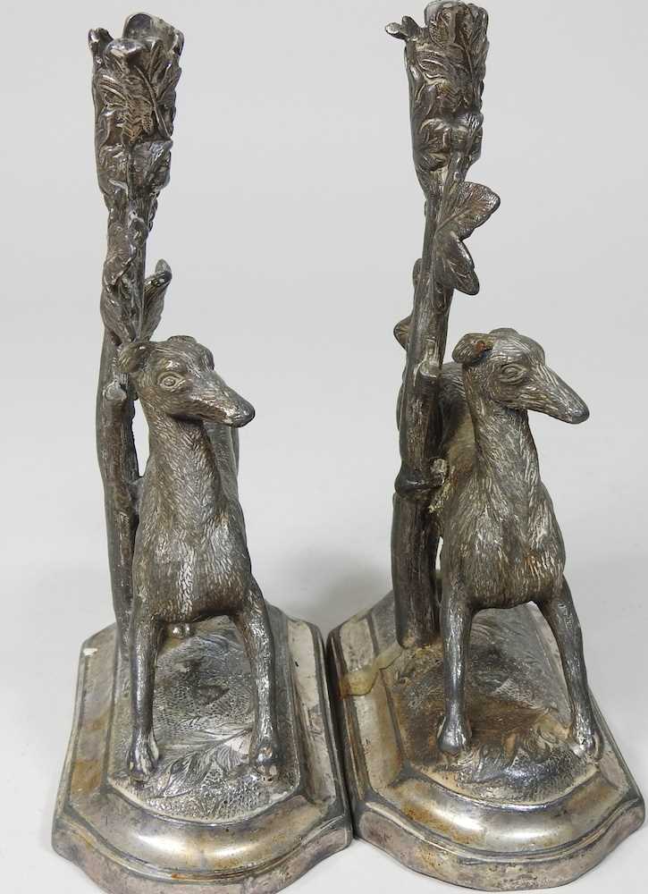 A pair of 19th century silver plated spill vases, each decorated with a greyhound, 13cm high (2) - Image 5 of 9