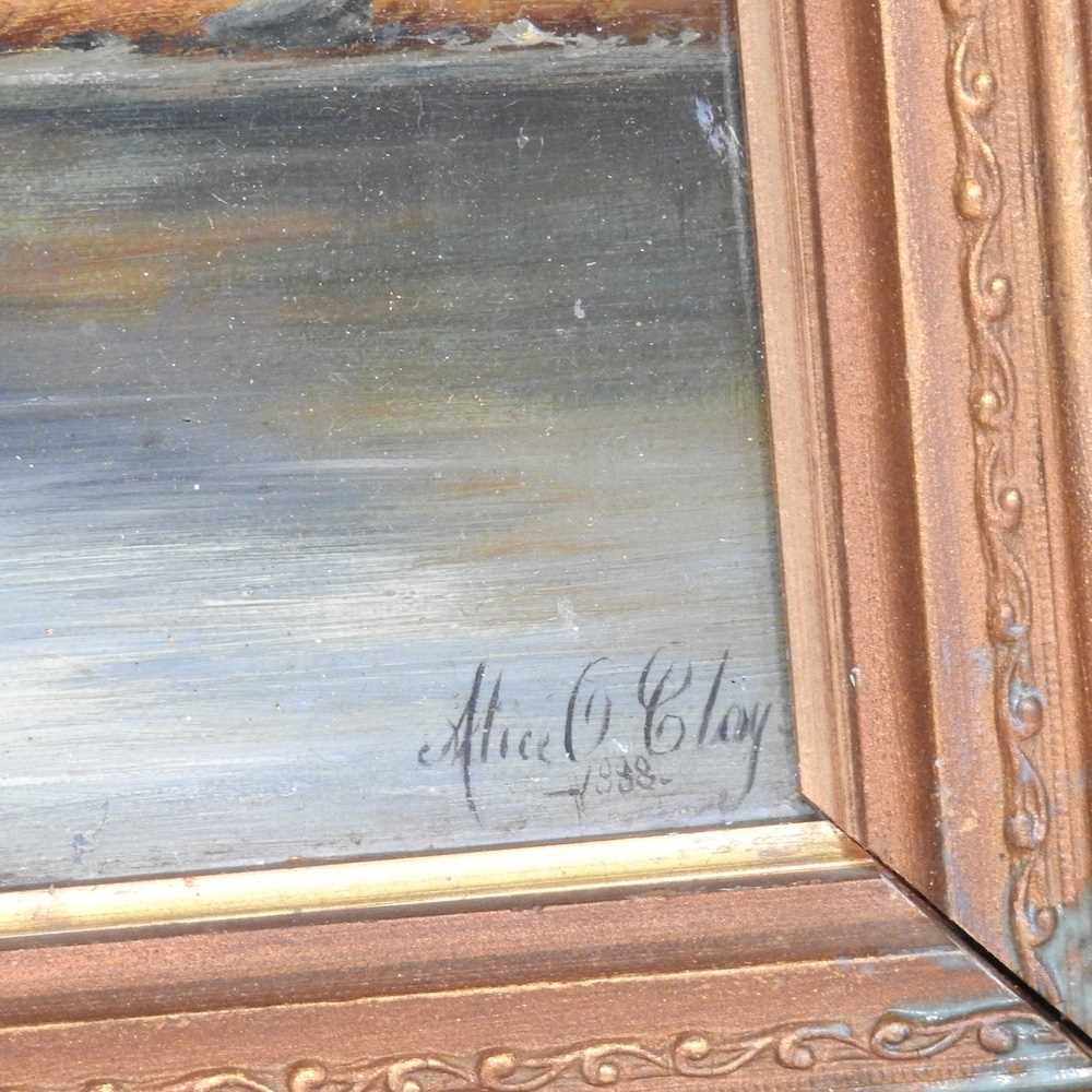 Alice O Clay, 19th century, mountain river landscape, signed and dated 1888, oil on canvas laid on - Image 5 of 5