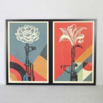Shepard Fairey, b1970, AK47, print, signed in pencil to the margin, together with another, 90 x 60cm