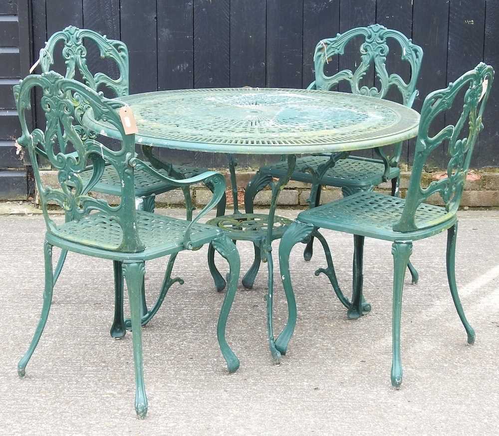 A green painted garden table, together with four matching chairs, with cushions - Image 3 of 4