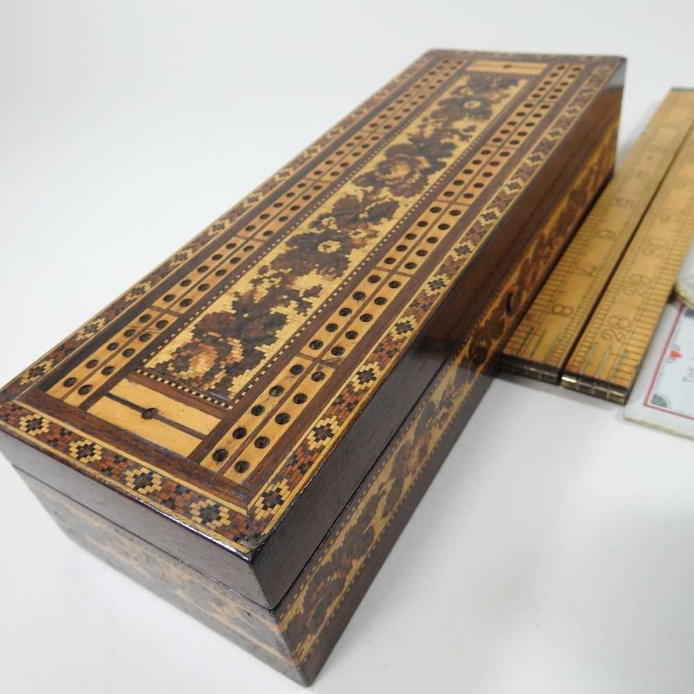 A 19th century Tunbridgeware games box, 26cm wide, together with an early 20th century walnut and - Image 6 of 7