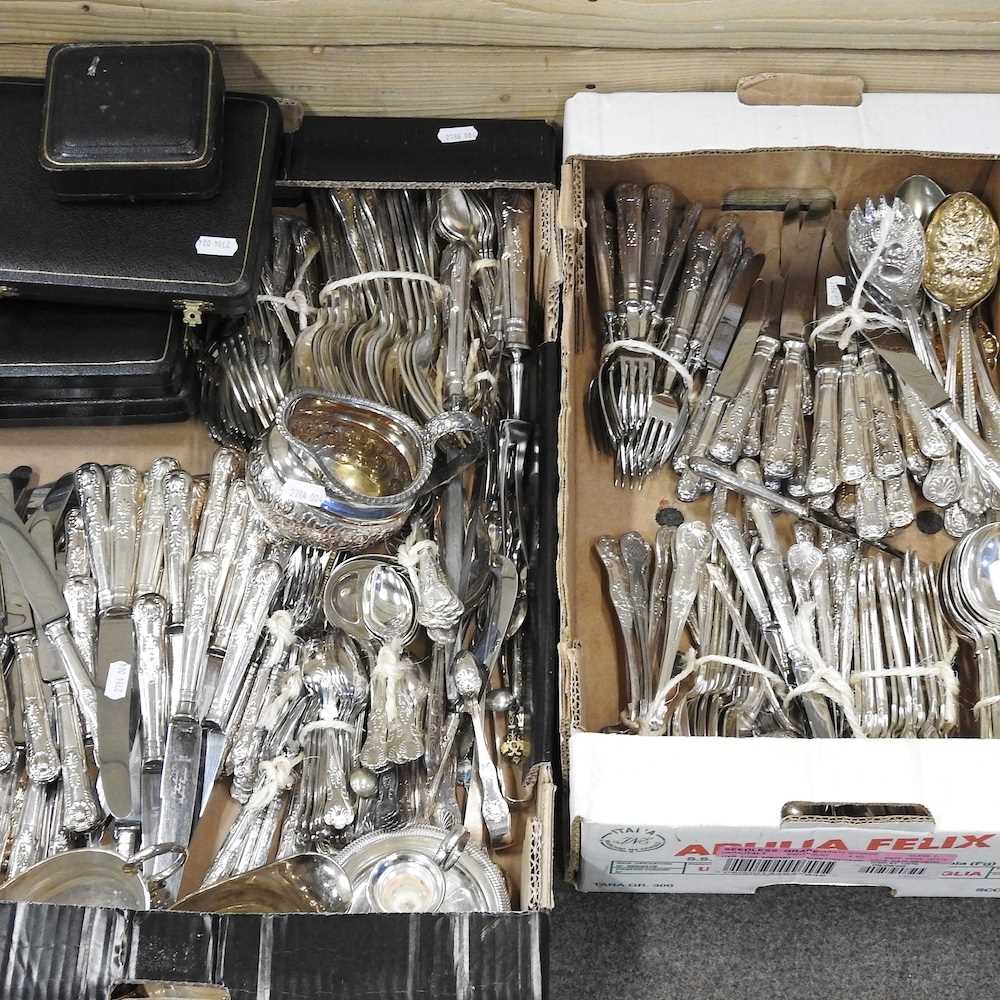 A collection of silver plated cutlery, together with cutlery boxes and table wares