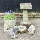A cast stone bird bath, 65cm high, together with five various garden pots and ornaments (6)