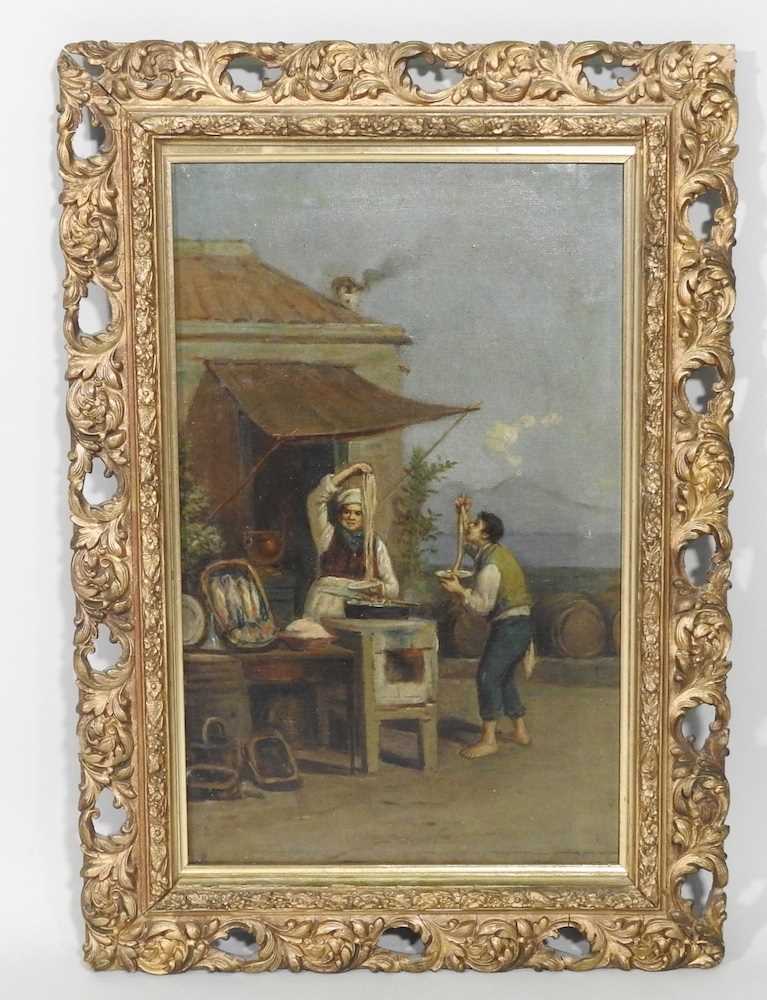 Neapolitan school, 19th century, The Spaghetti Seller, with view of Naples in the distance, oil on - Image 3 of 4