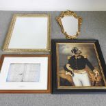 A gilt framed wall mirror, 91 x 70cm, together with another and two prints (4)