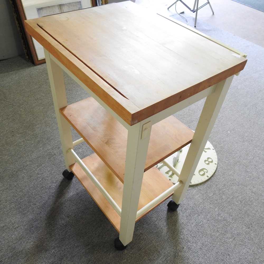 A cream painted butcher's block, together with a cream painted wall clock (2) 59w x 43d x 85h cm - Image 2 of 3