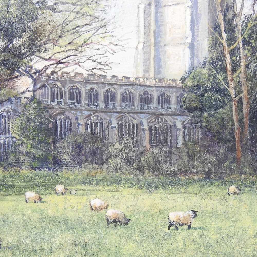 Clive Madgwick, RBA, 1934-2005, Lavenham Church, with sheep in the foreground, signed oil on - Image 5 of 6