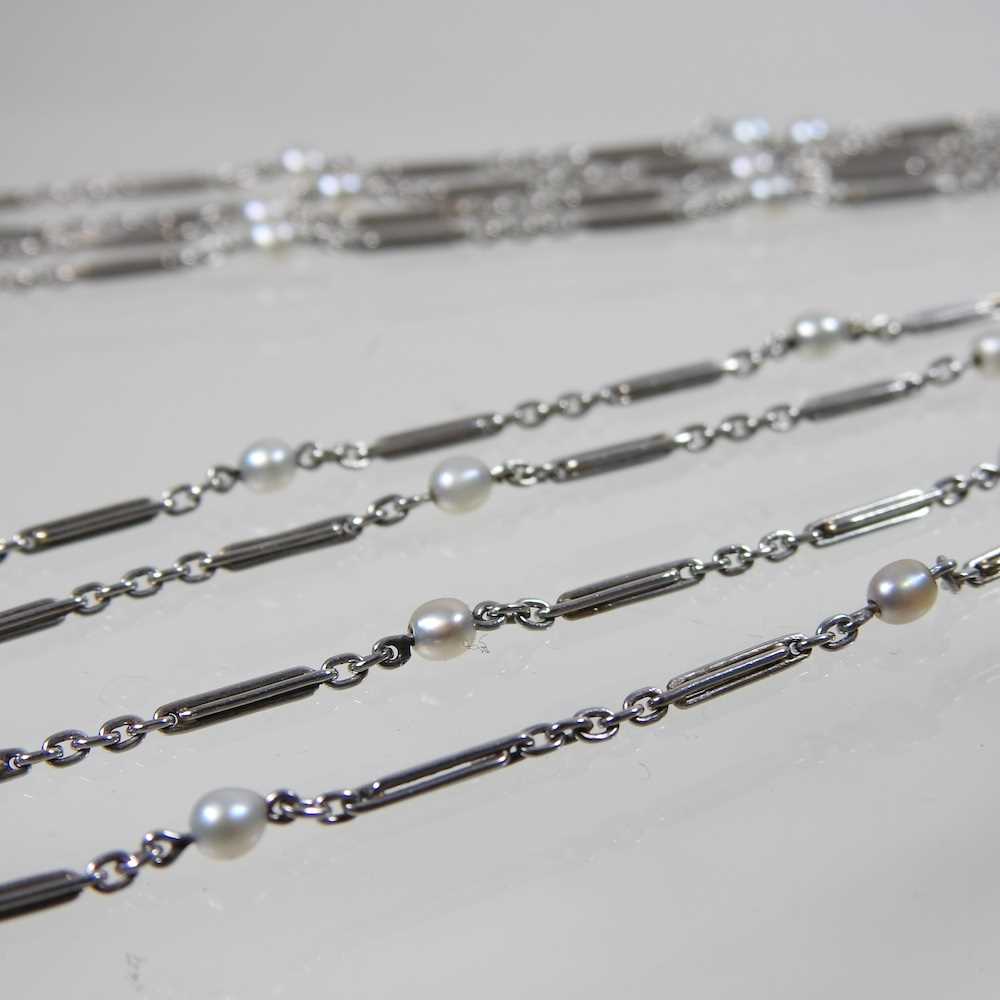 An unmarked platinum and seed pearl set guard chain, 20g, 150cm long - Image 2 of 3