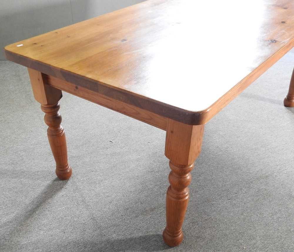 A modern pine dining table, on turned legs, together with a set of six pine dining chairs (7) 183w x - Image 8 of 9