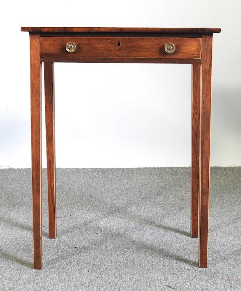 A George III style rosewood, crossbanded and boxwood strung side table, containing a single drawer - Image 3 of 8