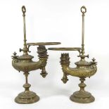 A pair of 19th century brass adjustable oil lamps, by Wilde & Wessel, of lantern form, decorated