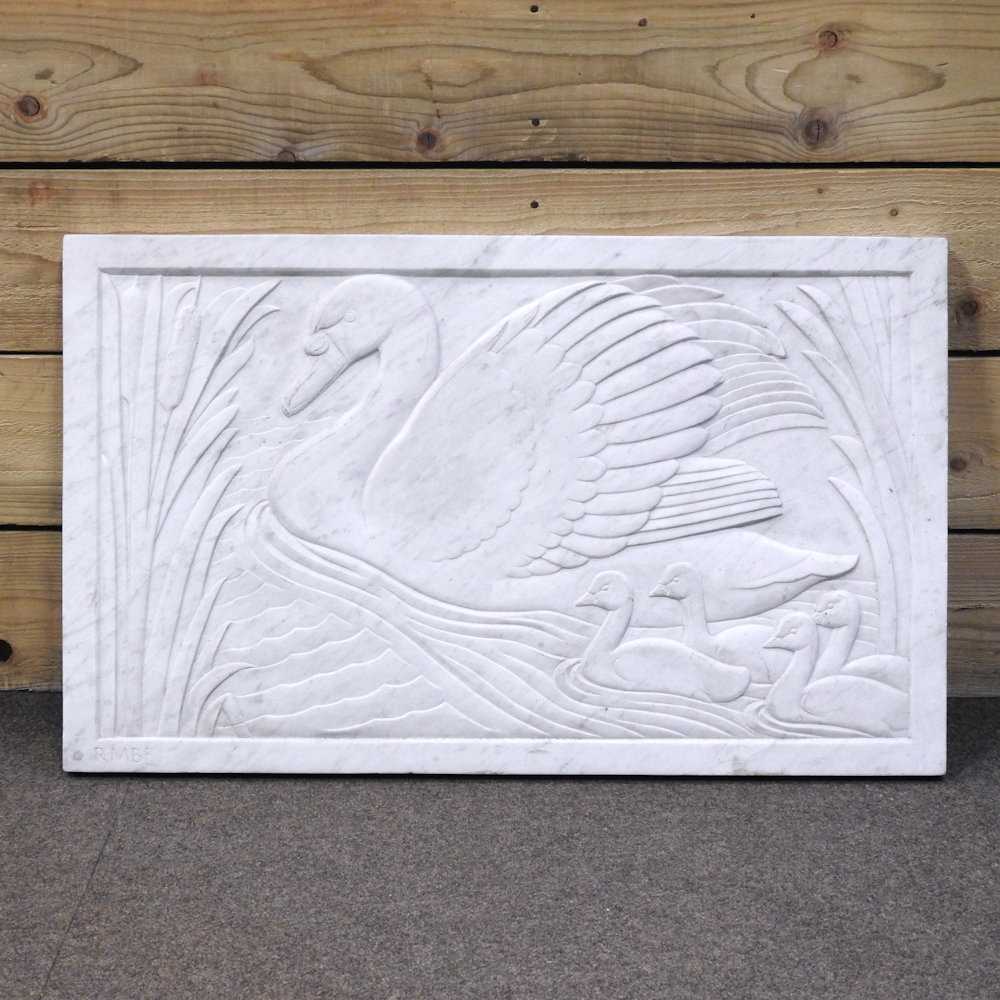 ARR Rosamund Mary Beatrice Fletcher, 1908-1993, a bas relief sculpture panel of swans, carved