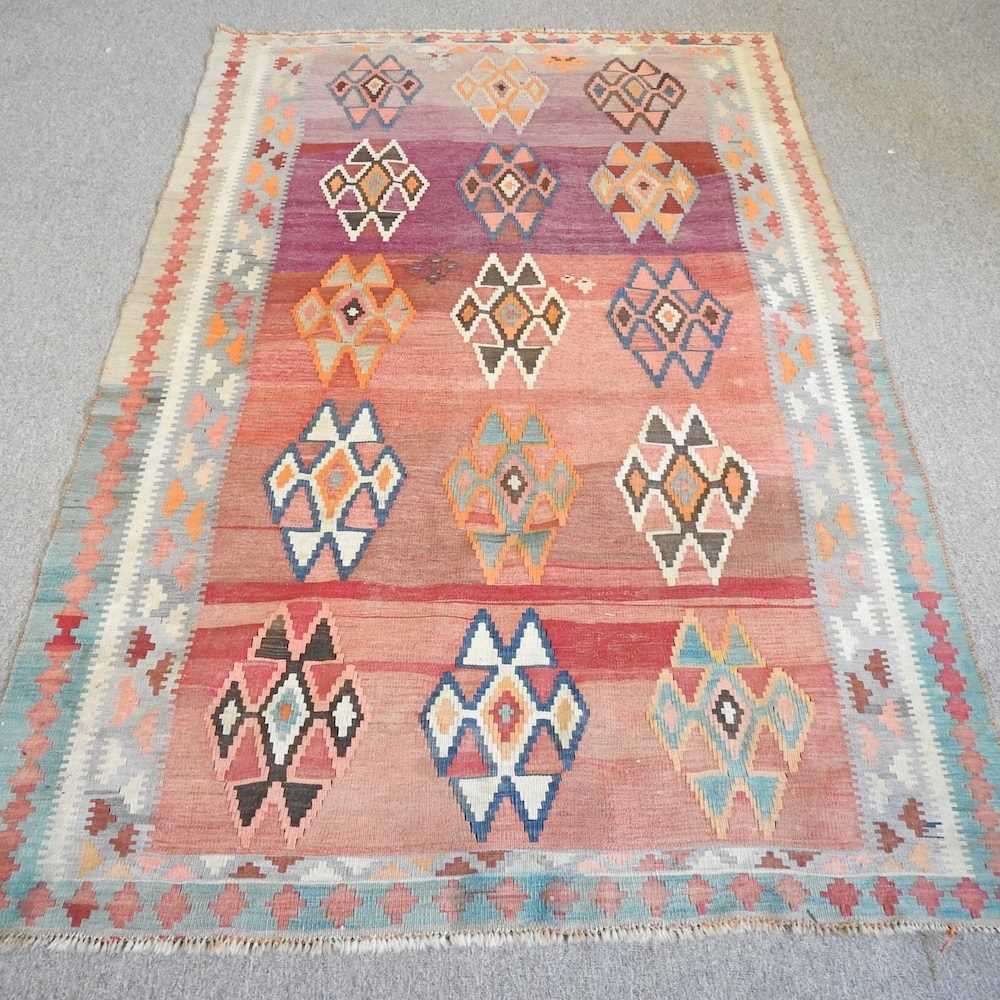 A kelim rug, with three rows of coloured diamonds, 240 x 146cm, together with another smaller, (2) - Image 3 of 6