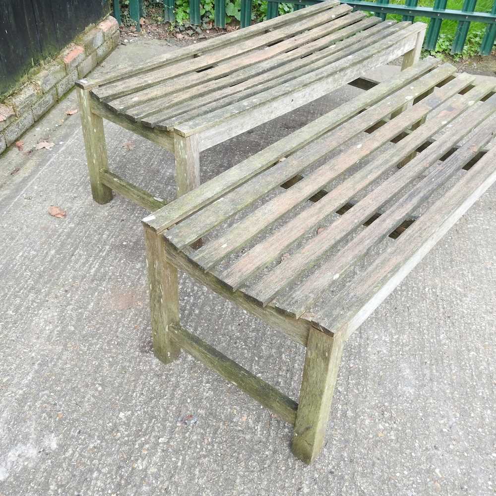 A pair of slatted hardwood garden benches (2) 140w x 48d x 44h cm - Image 4 of 4