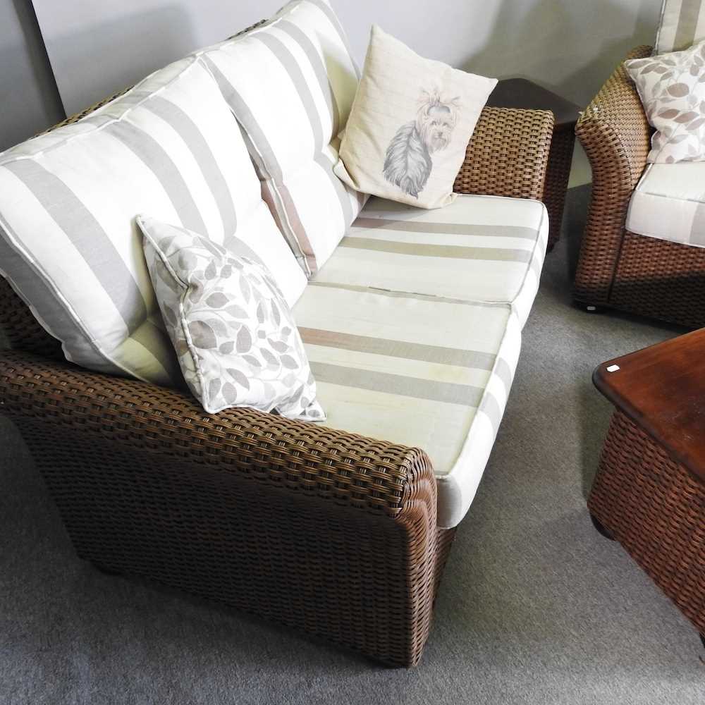 A pair of MGM woven rattan sofas, with cushions, together with two matching side tables (4) 150w x - Image 3 of 8