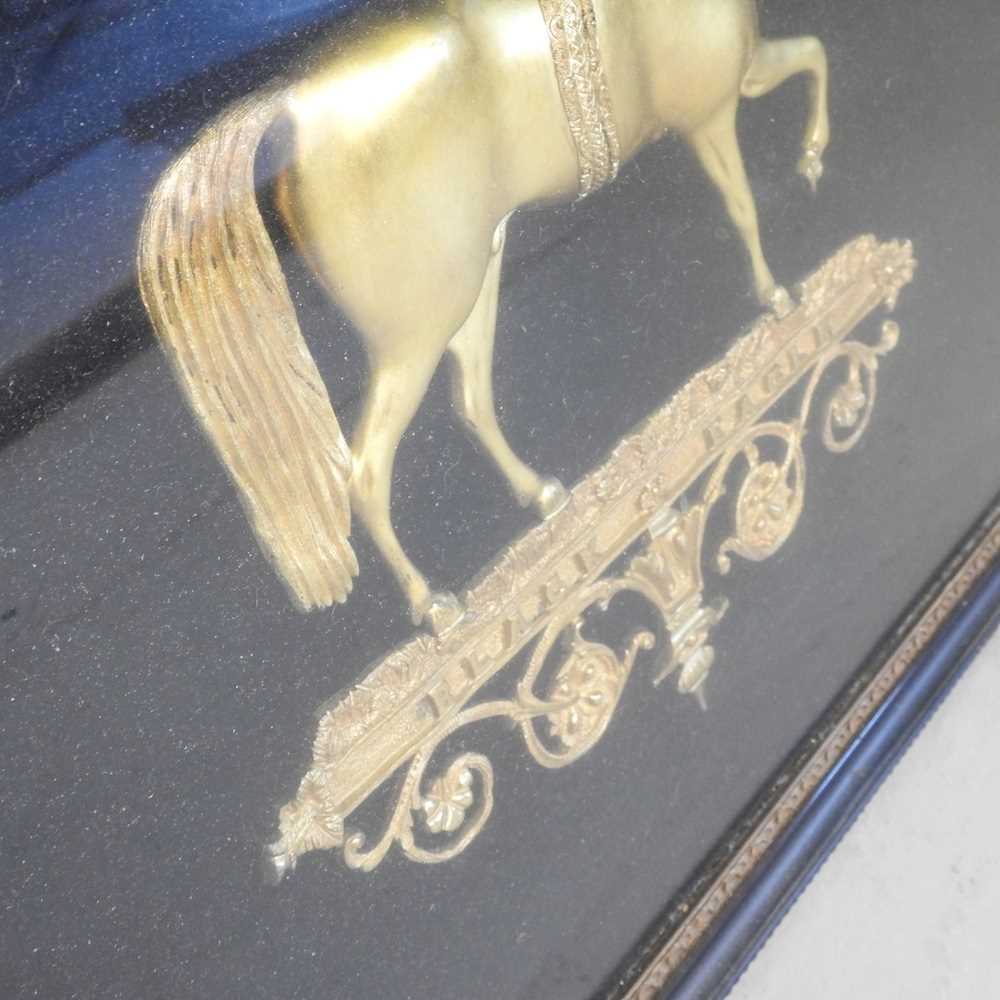 A 19th century relief gilt metal of a horse in profile, inscribed Black Eagle, mounted and framed, - Image 4 of 8