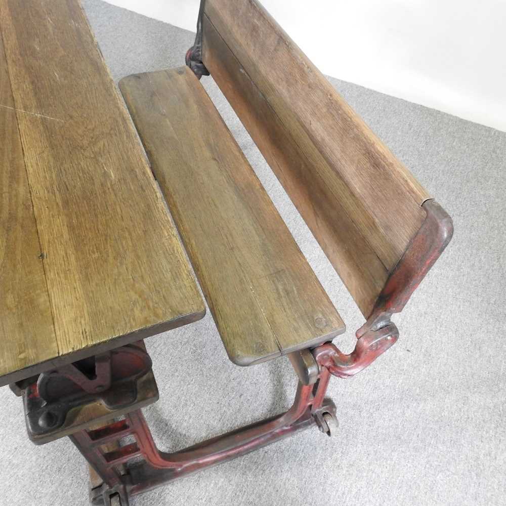 An early 20th century wooden school desk, on an iron base, stamped LEC 102w x 70d x 66h cm - Image 3 of 5